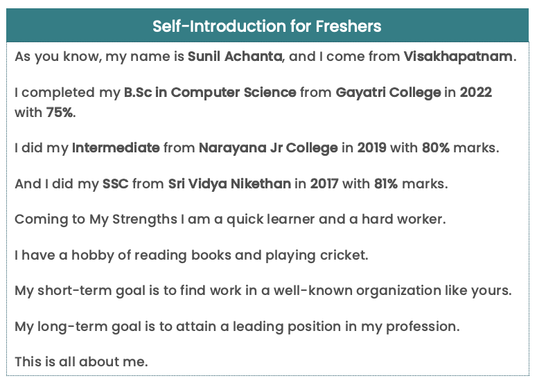 Self Introduction Samples for Job Interview for Freshers (Examples)