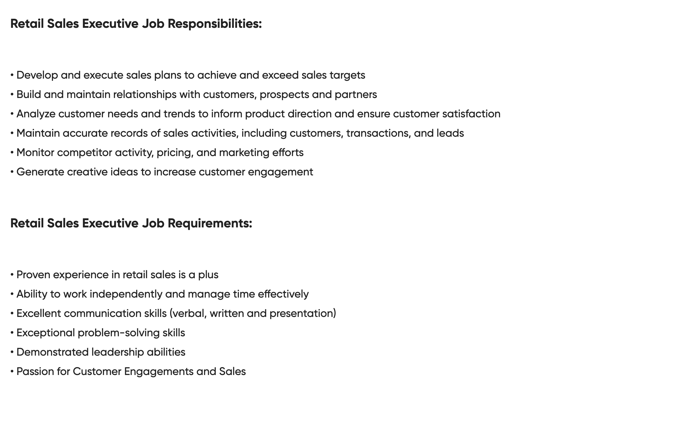 Retail Sales Executive Job Description