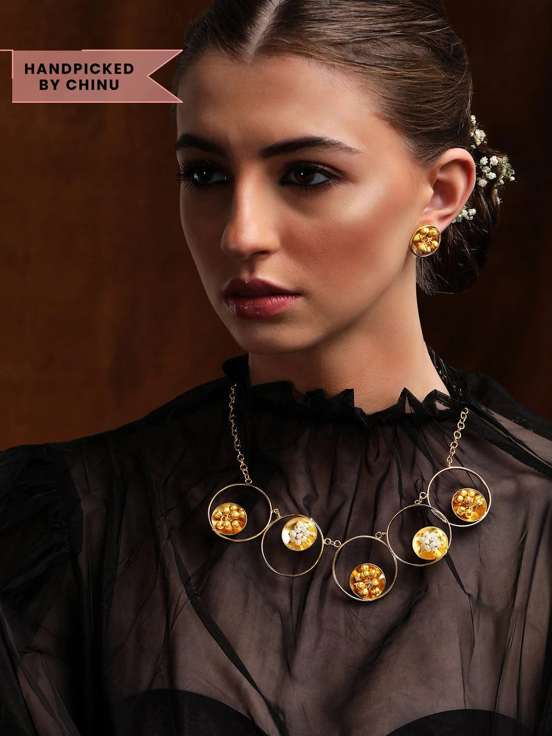 Shop Rubans 24K Gold Plated Handcrafted Unique Necklace Set With Circular Design Online at Rubans