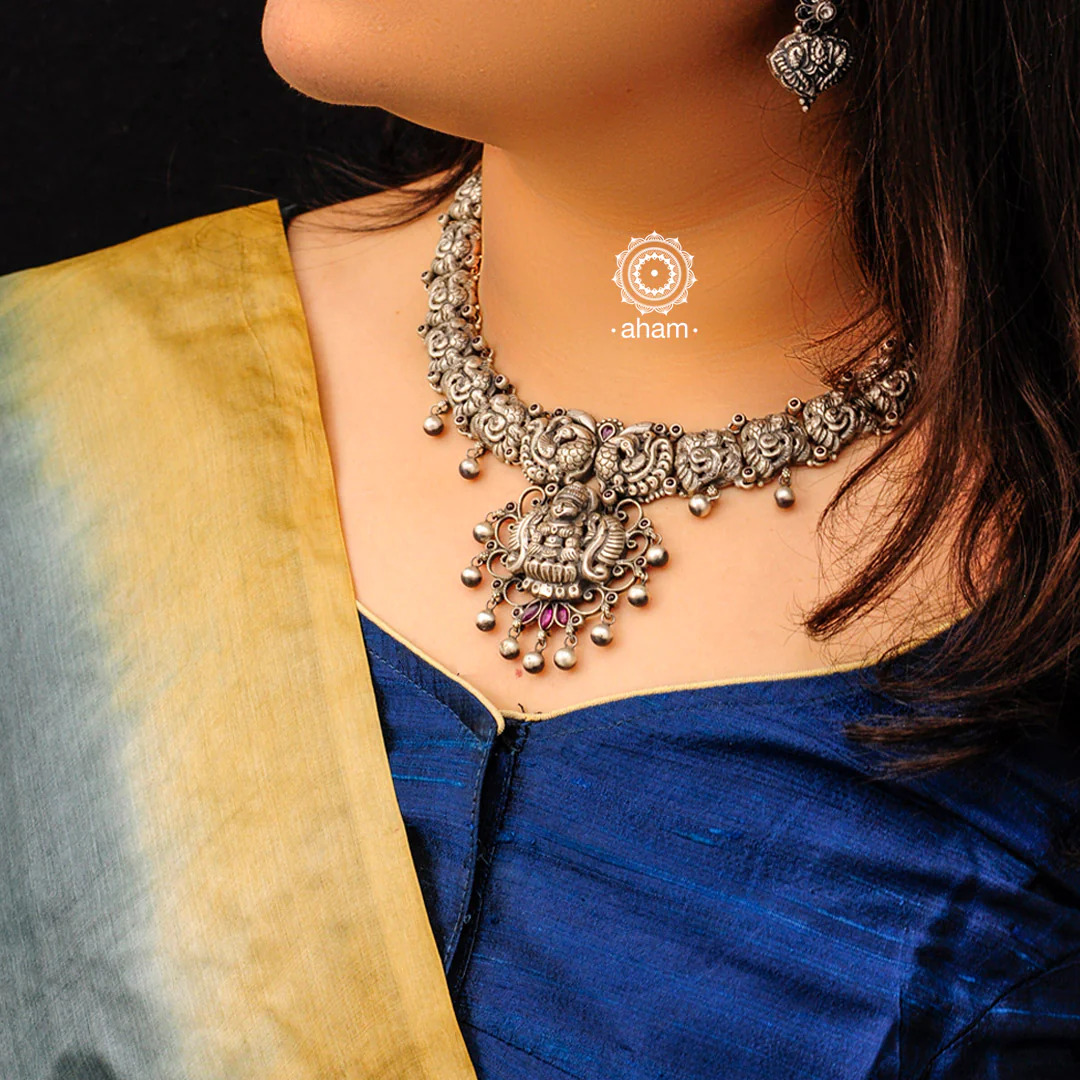 Goddess Lakshmi Nakshi Work Silver Neckpiece |South Indian Jewellery |AHAM Jewellery