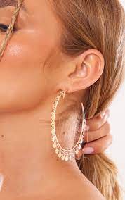 GOLD DISC CHARM LARGE HOOP EARRINGS 