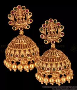 Antique Nagas Lakshmi Temple Jhumkas With Multi Colour Kemp Stone Earrings Collection ER2411