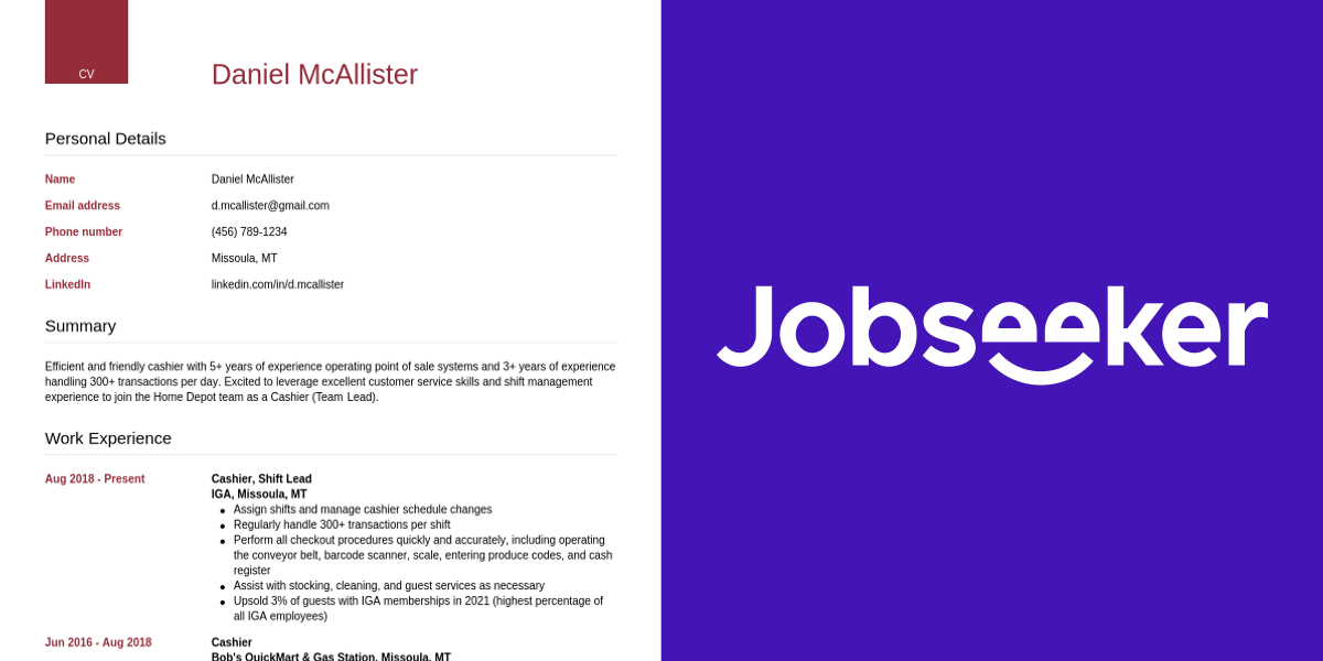 Cashier Resume Example | Jobseeker