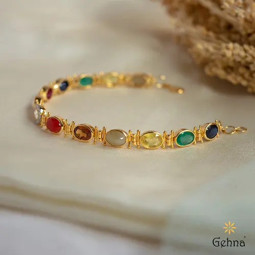 Shop Blissful Navaratna & Diamond 22K Gold Bracelet for Women | Gehna