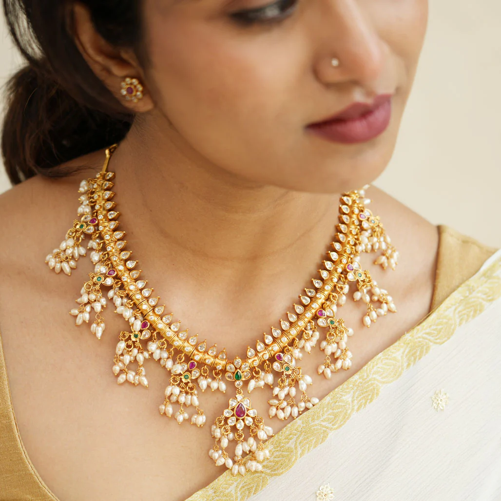 Buy Lakhi Guttapusalu Necklace | 92.5 Gold Plated Gutta Pusalu Silver Necklace Online – The Amethyst Store