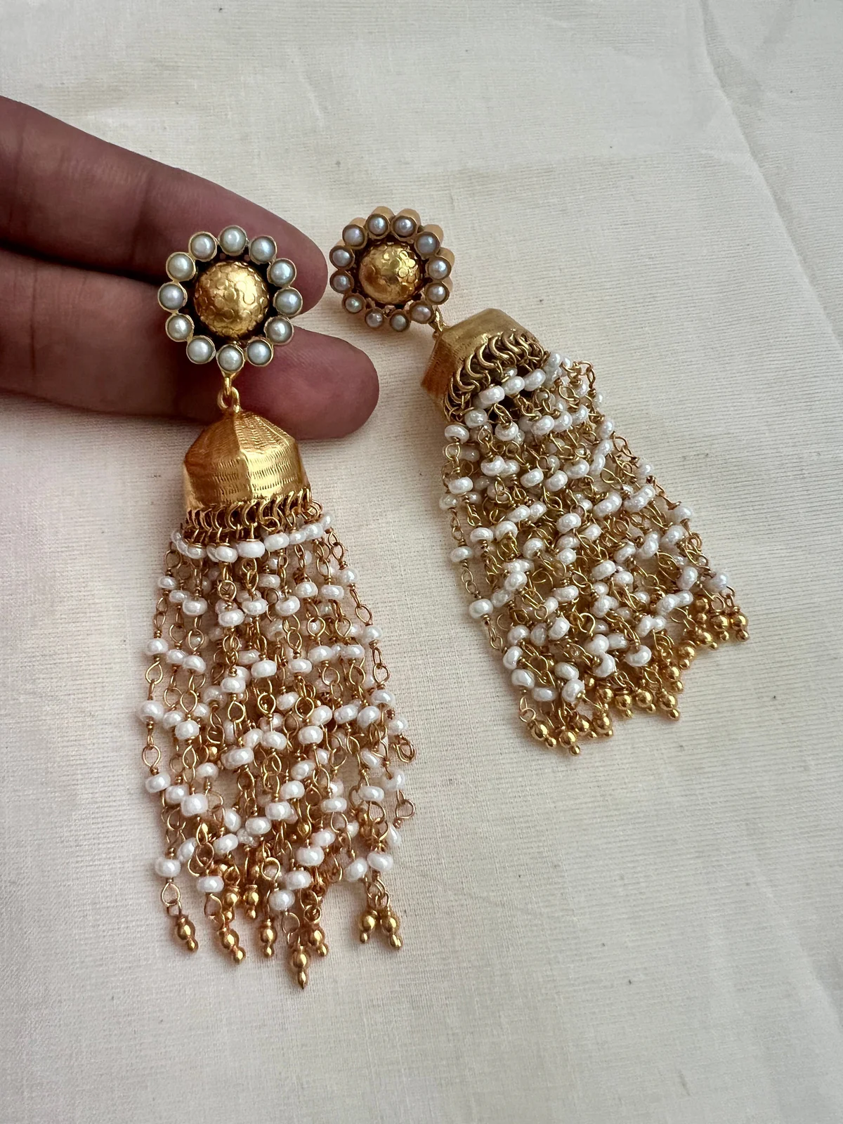 Gold Polish Long Pearl Jhumkas  Earrings| House of Taamara