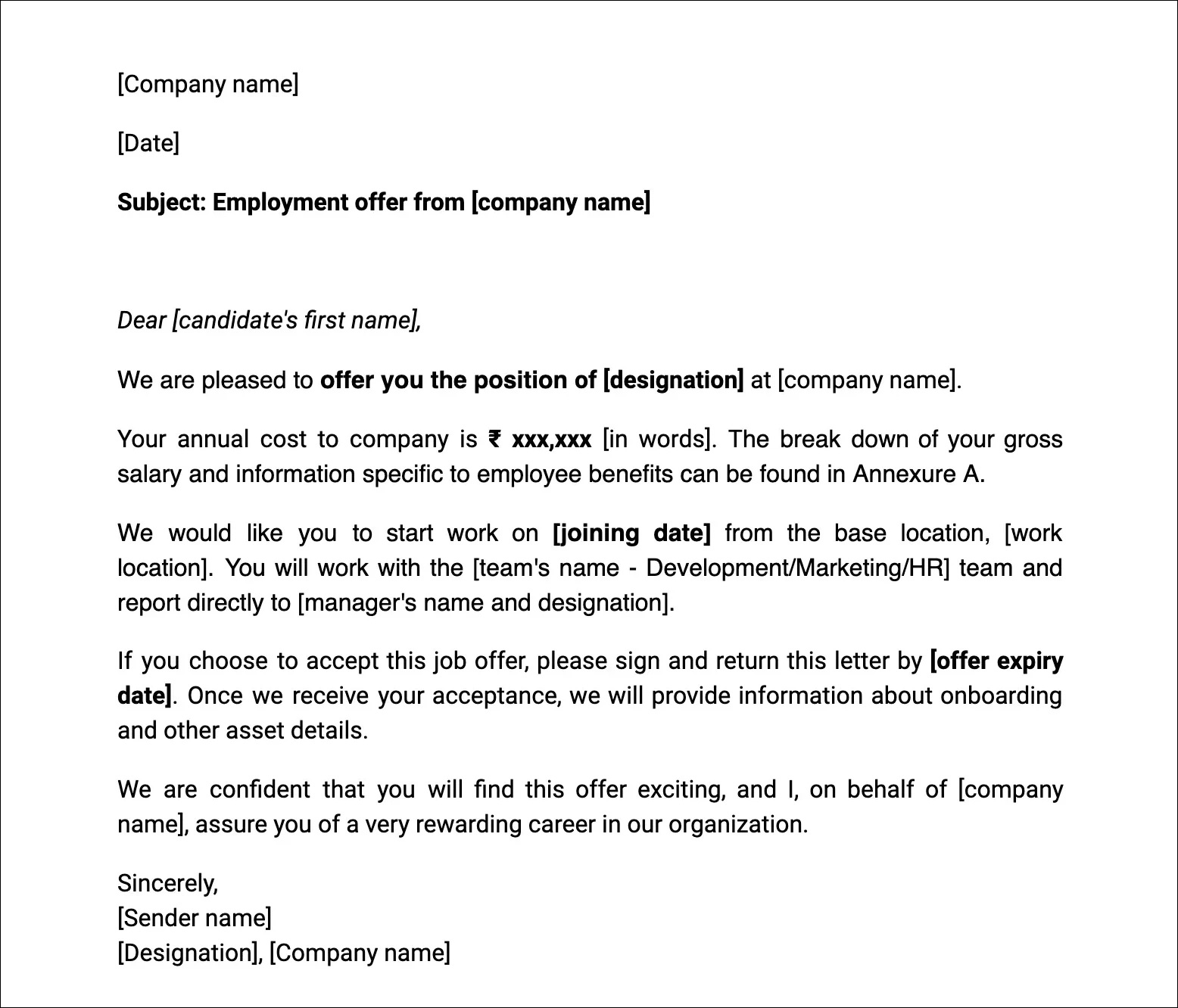 Job offer letter format and 5 templates | Zoho Payroll