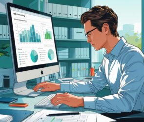 A detailed illustration of a person working at a computer, analyzing data charts and graphs related to MIS and reporting. The scene should be set in a modern, well-lit office with a clean and organized workspace. The color palette should be professional and calming, with cool blues and greens dominating the background. The style should be realistic and detailed, focusing on the tools and technology involved in data analysis. The framing should be a medium shot, focusing on the individual and their workstation.